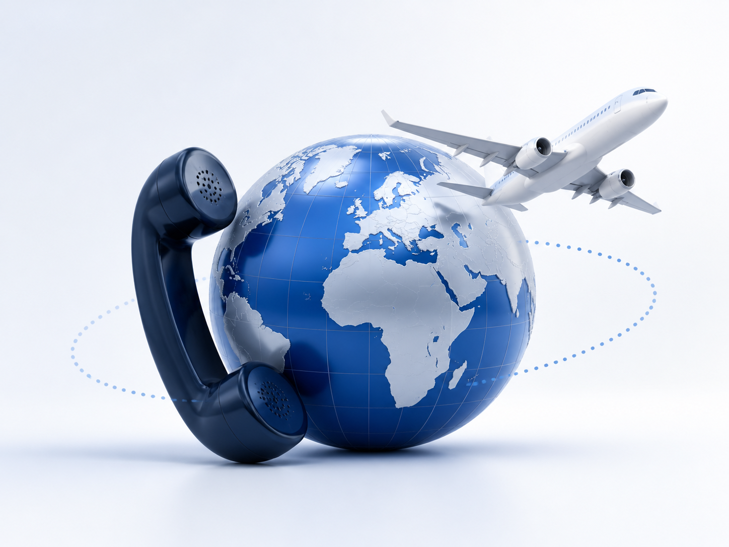 Telephone, globe and passenger aircraft representing worldwide airline support