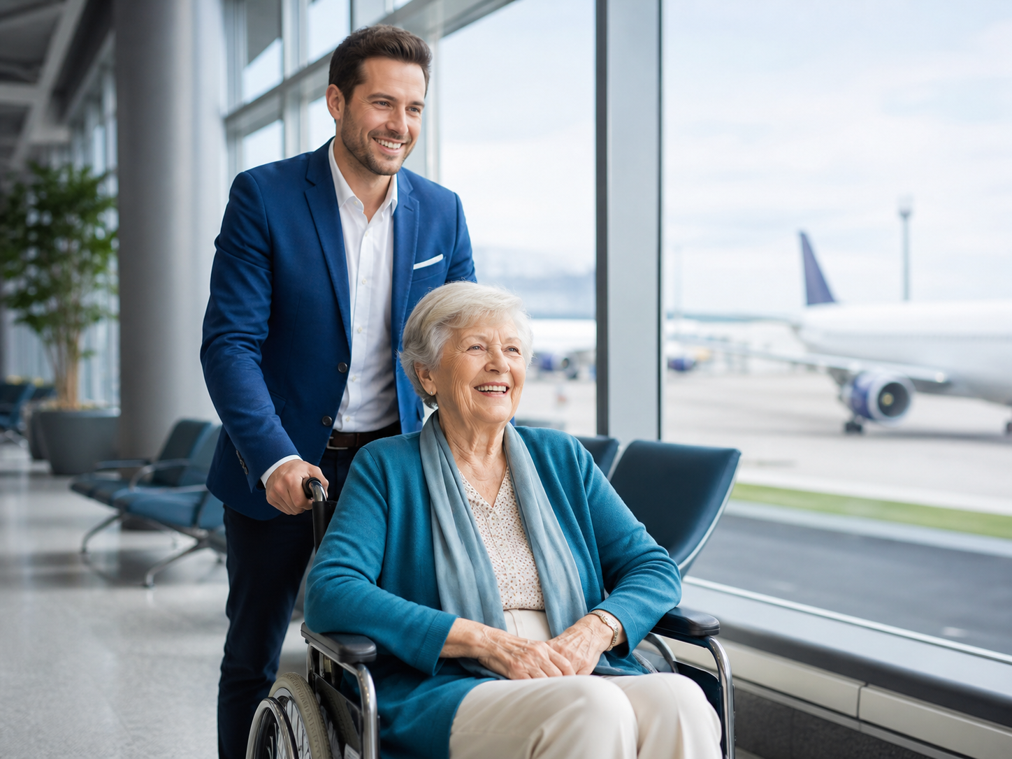Airport assistant supporting an elderly wheelchair passenger